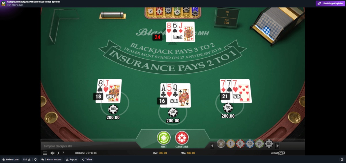 European Blackjack von Play'n GO Luxemburg.